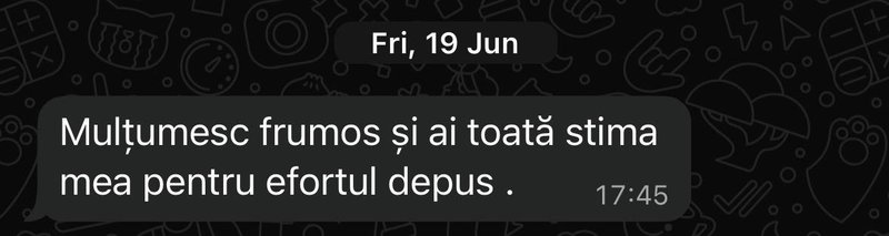 Recenzie de la un student: „Mulțumesc frumos și ai toată stima mea pentru efortul depus.”