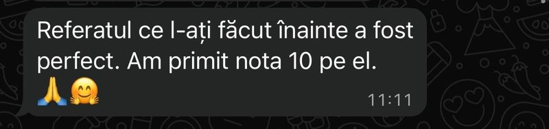 Recenzie de la un student: „Referatul a fost perfect. Am primit nota 10 pe el.”